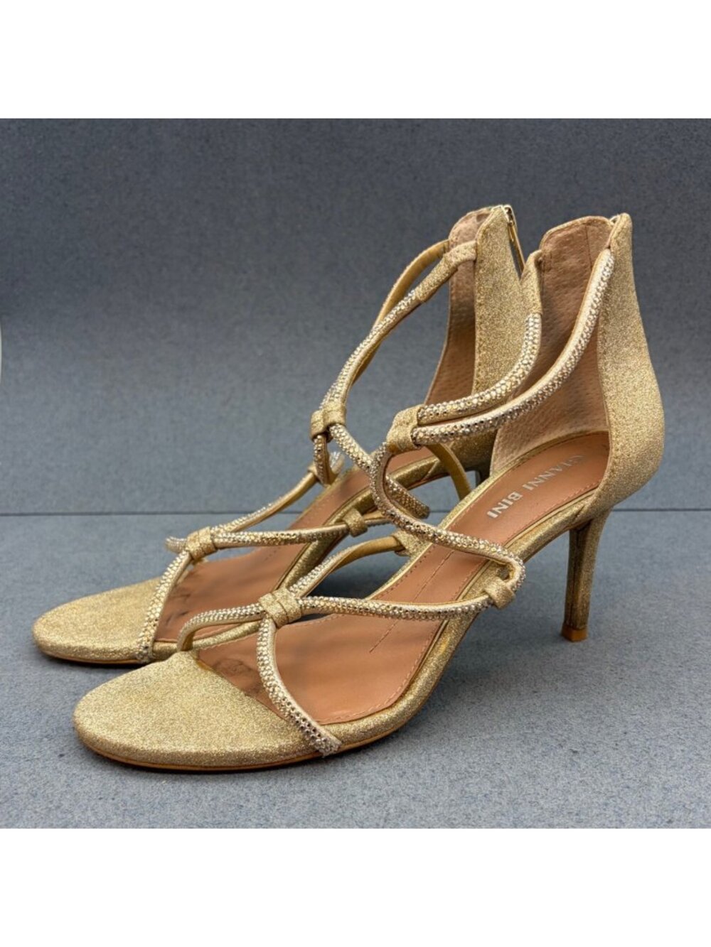Gianni Bini Gold Glitter Strappy Heels 7.5M As Is Rhinestone Details Back Zipper